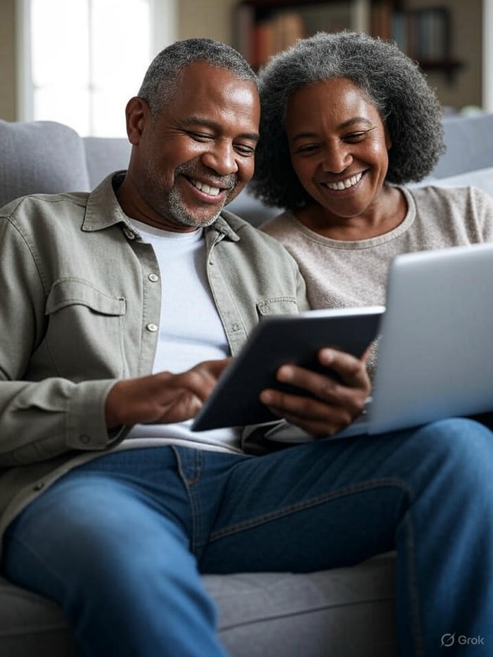 Happy retired couple using digital devices